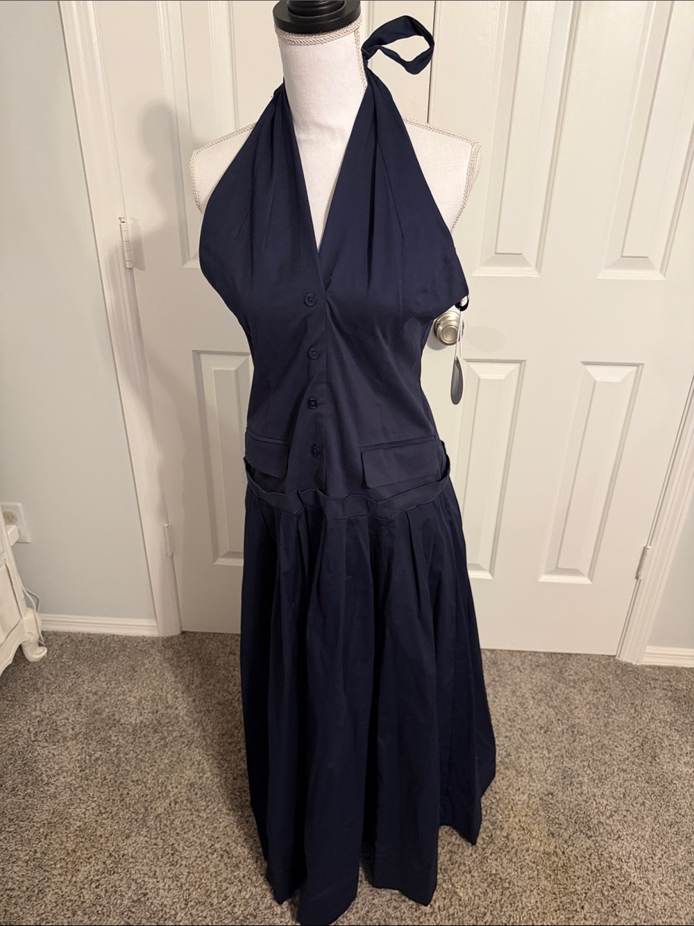 STAUD Navy One-Shoulder Button-Front Maxi Dress